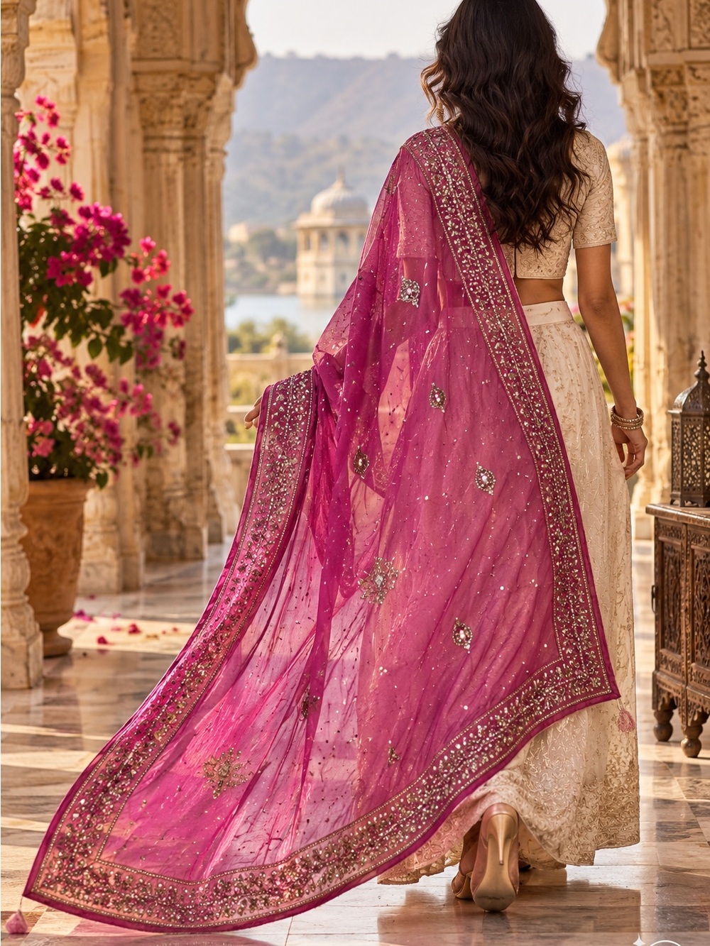 Vintage Indian Fuchsia Hand-Beaded & Sequined Dupatta Scarf Wrap – 38” × 78”